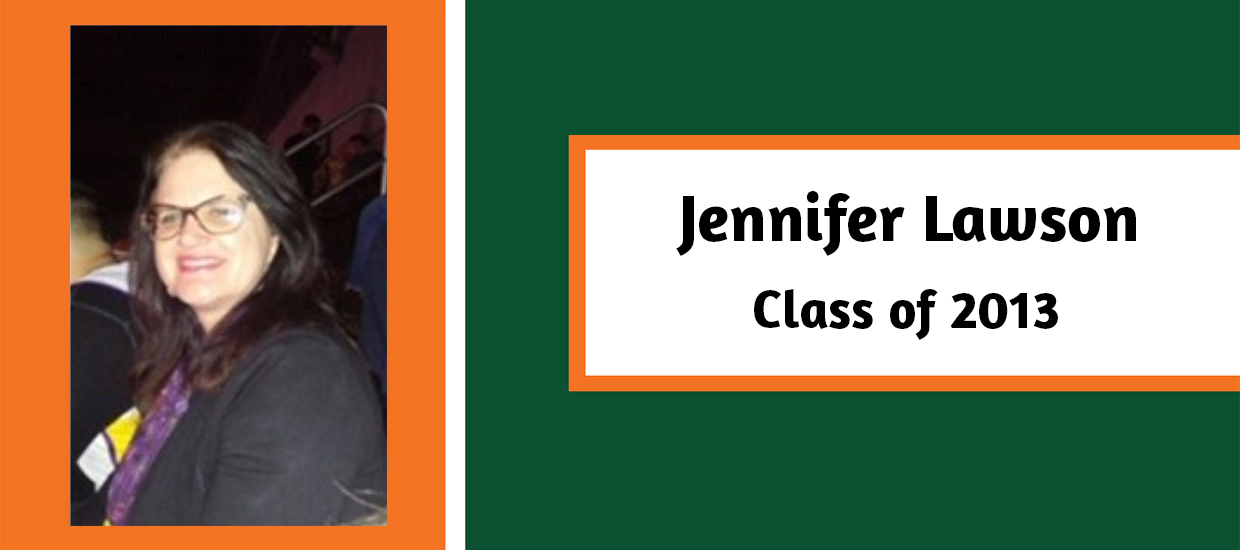 Jennifer Lawson smiling at the camera in a graphic that describes her name and year of graduation from the MAIA program. 