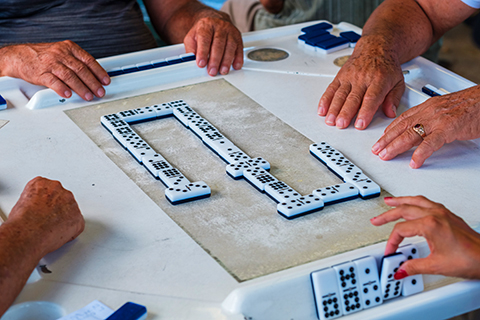 An up close photo of a game of dominos.
