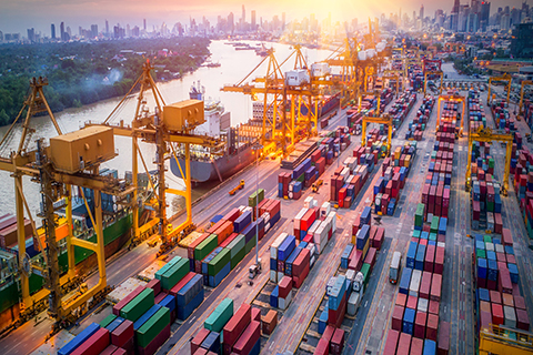 A stock photo of a shipping dock in an urban city.