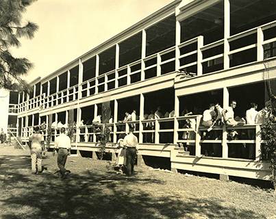 This is an old photo of the historic Campo Sano building which was constructed in 1947.
