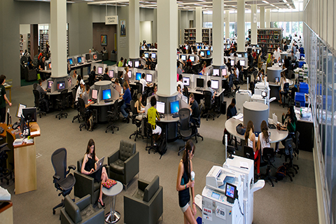 A photo of the inside of the Richter Library at the University of Miami Coral Gables campus.