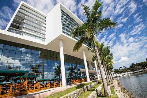An angle-view of the back of the Shalala Student Center at the University of Miami Coral Gables campus.