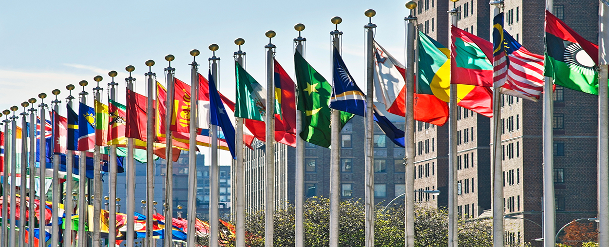 A stock photo of flags staffed outside of the United Nations building in New York, New York.