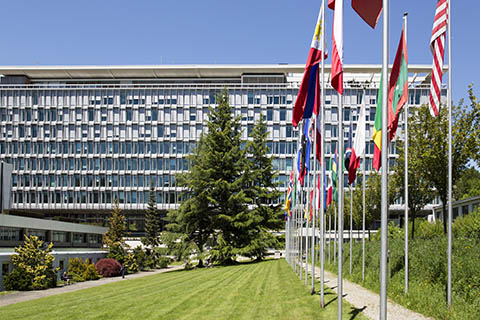 A Shutterstock photo of the World Health Organization building in Geneva, Switzerland.